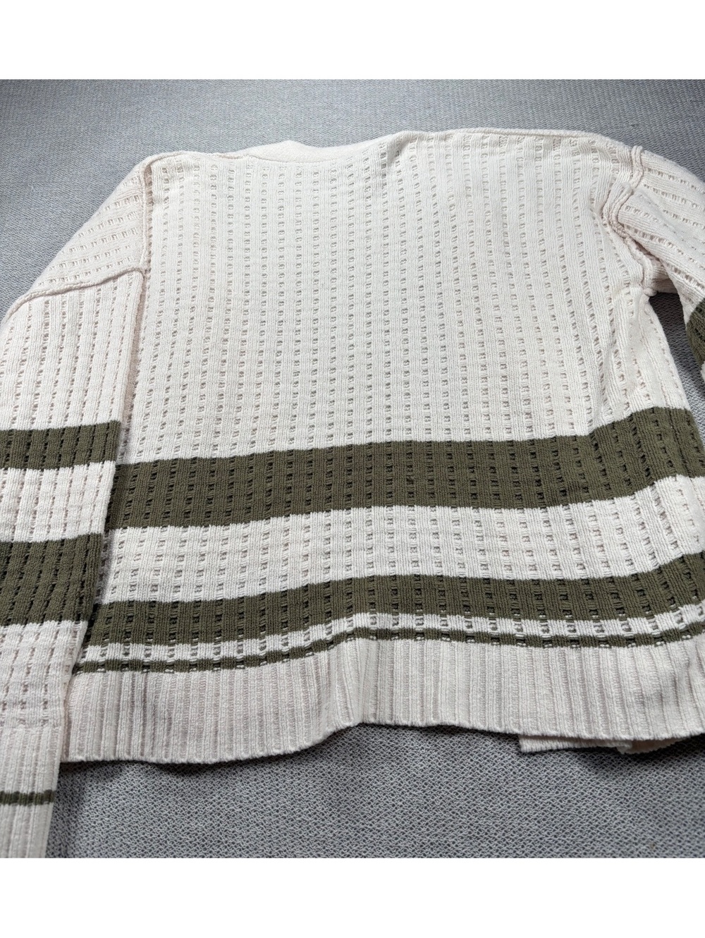 Cream and Olive Green Striped Knit Cardigan Sweater